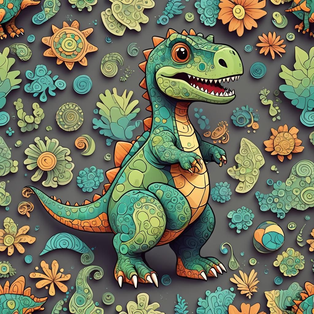 Cute Cartoon Dinosaur with Abstract Fractal Design