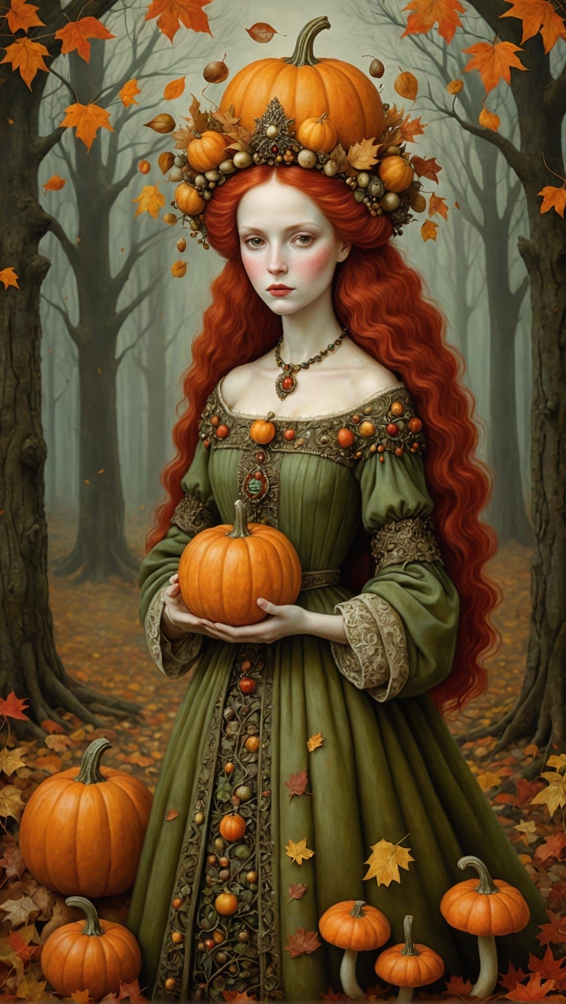 Autumn Queen Fantasy with Leaves and Pumpkin