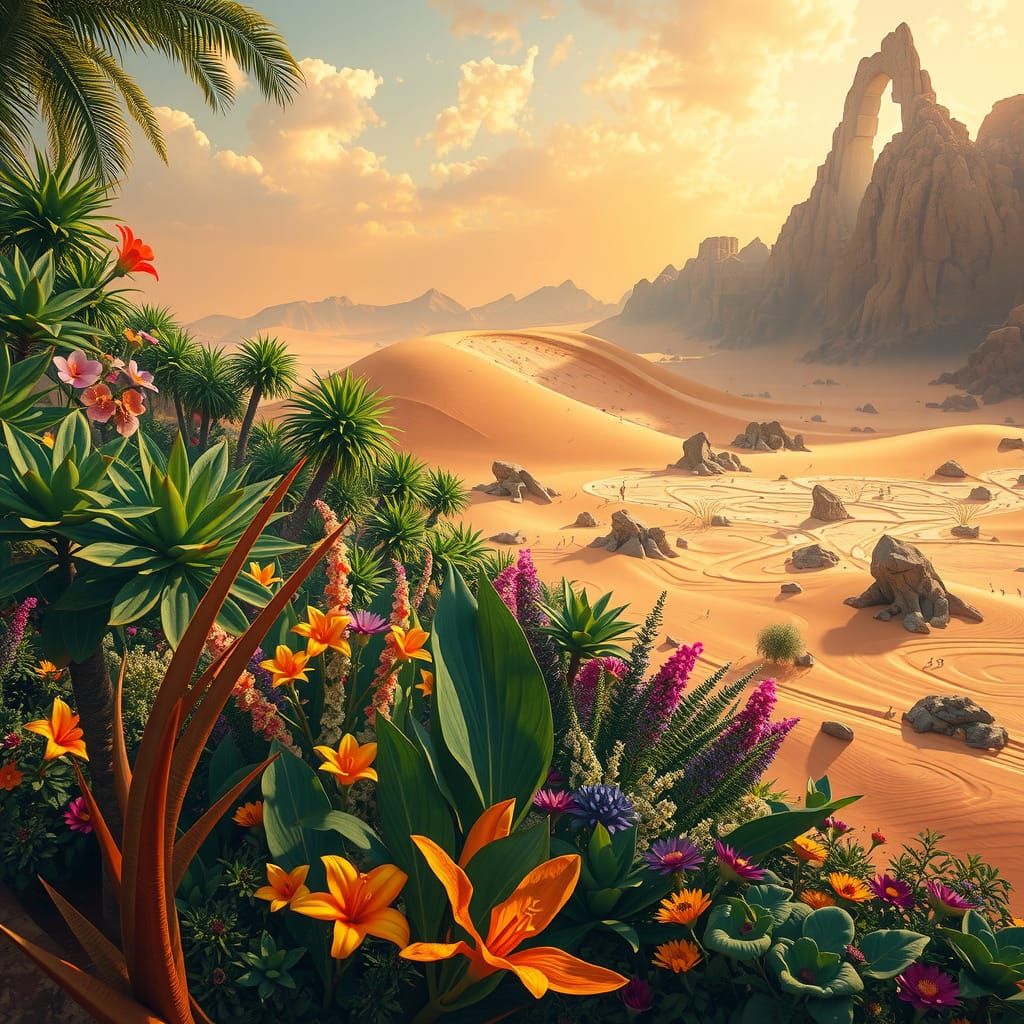 Lush Garden Oasis Meets Barren Desert Landscape