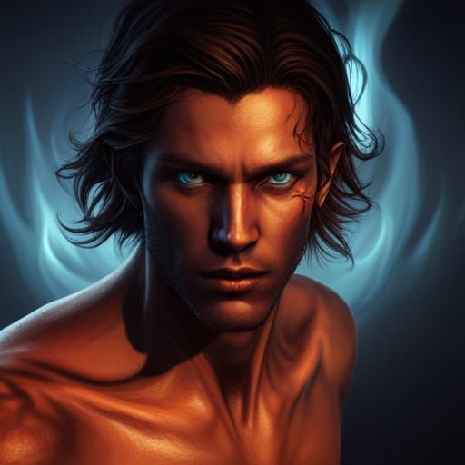 Young Man with Demon Shadow and Blue Flames
