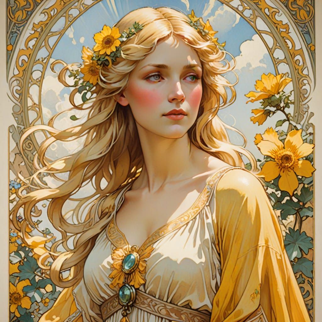 Golden Woman in Summer Dress, Art Nouveau Style