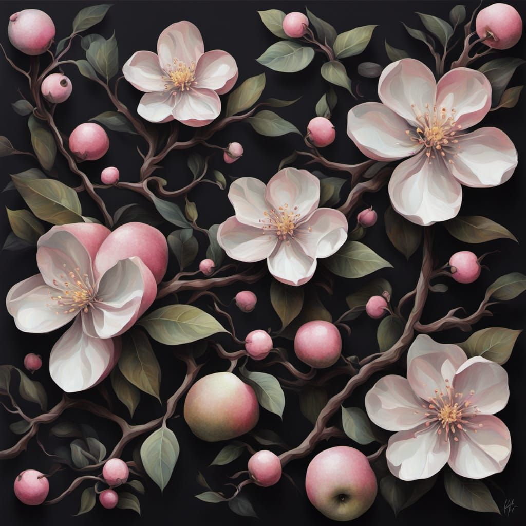 Surreal Apple Blossom Artwork in Dark Academia Style