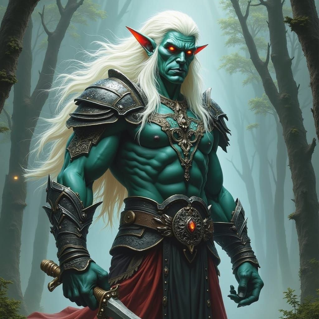 Ethereal Elf Half-Orc in Whimsical Fantasy Attire