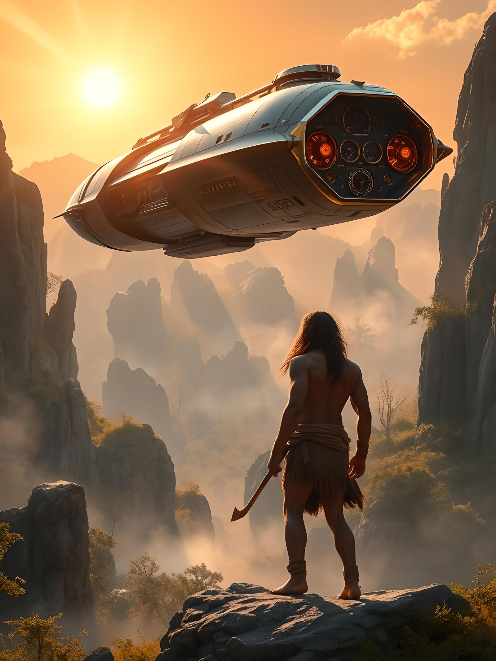 Retro Spaceship Over Neanderthal in Cinematic Style