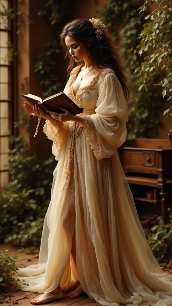 Woman Reading in Garden: Antique Watercolor Portrait