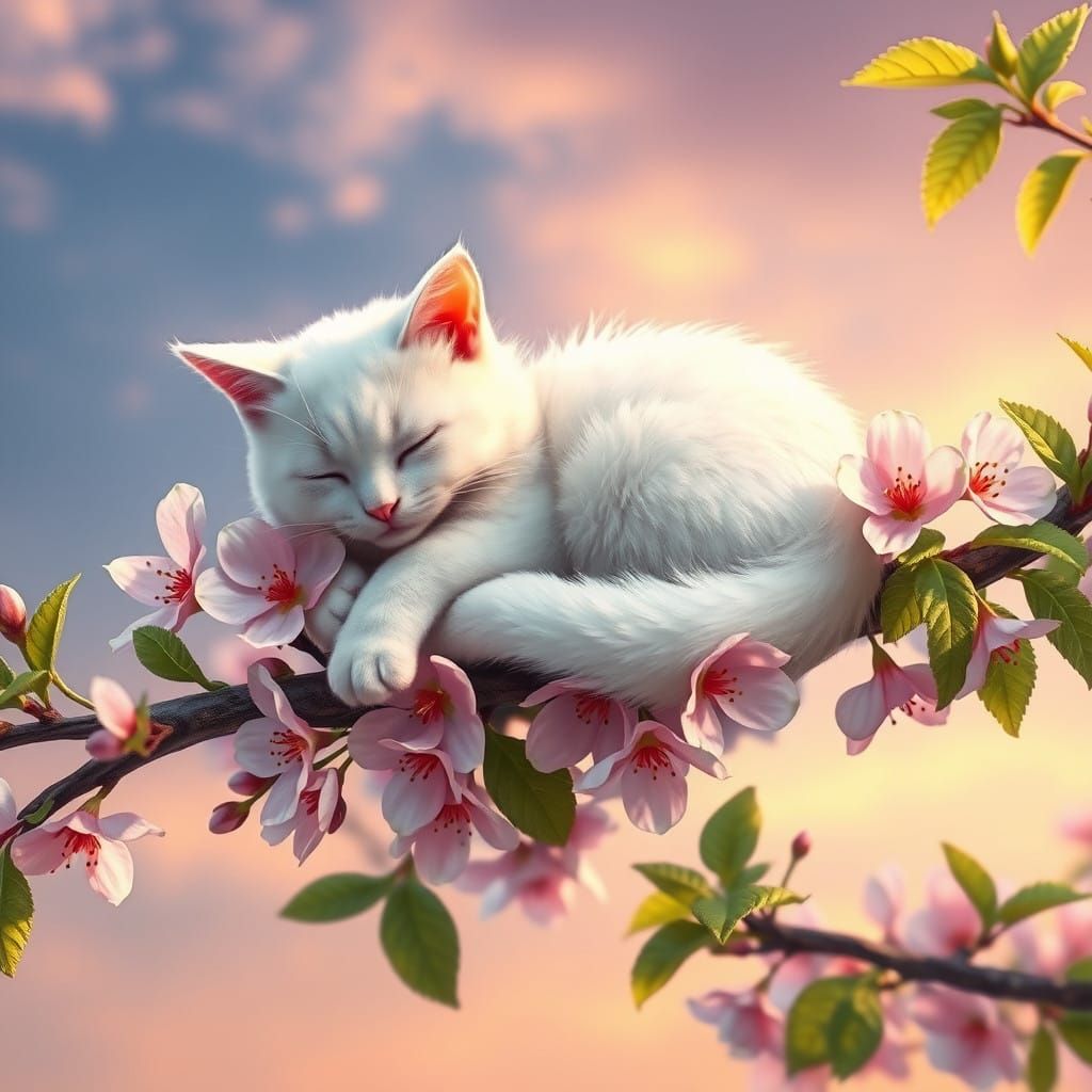 Whimsical White Cat in Cherry Blossom Wonderland