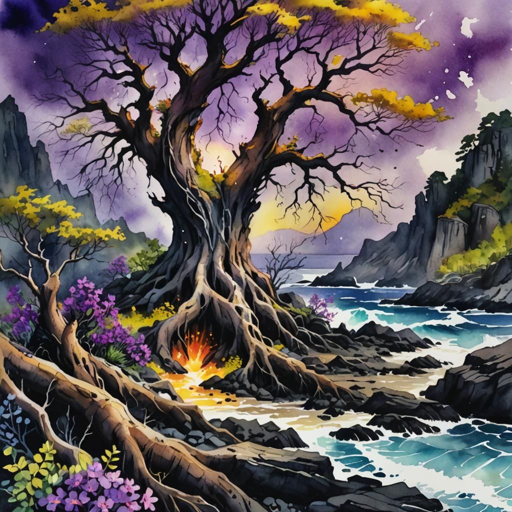 Fantasy Island Eruption in Watercolor Art Nouveau Style