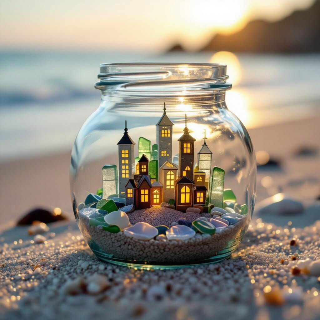 Sea Glass Cityscape in Jar, Photorealistic Macro Shot