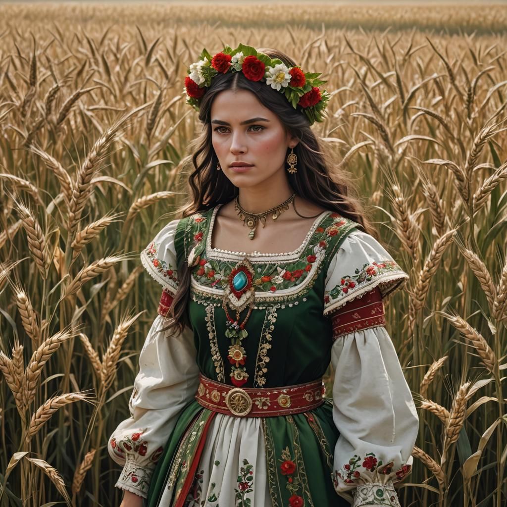 Girl in Traditional Bulgarian Dress with Flowers