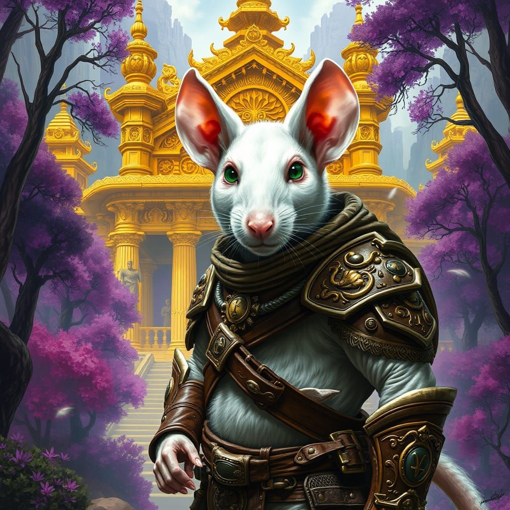 Rat Warrior Stands Guard in Purple Forest