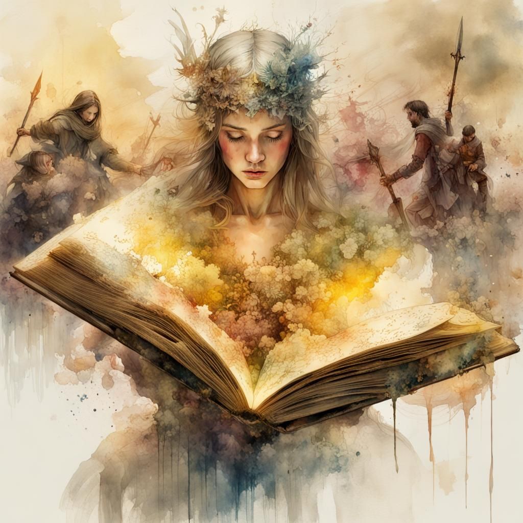 Disintegrating Book with Medieval Battle, Watercolor Art