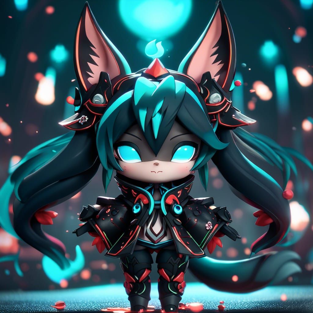 Chibi Black Kitsune Hatsune Miku: Detailed Matte Painting