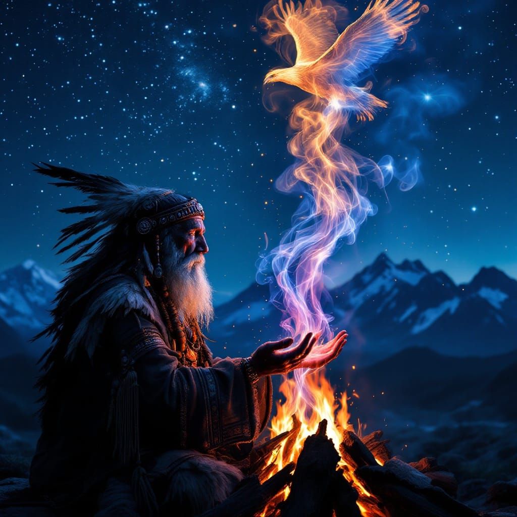 An Elder Indian Shaman Performing a Sacred Ritual over a Mystic Campfire Under the Heavens of Mother Earth.