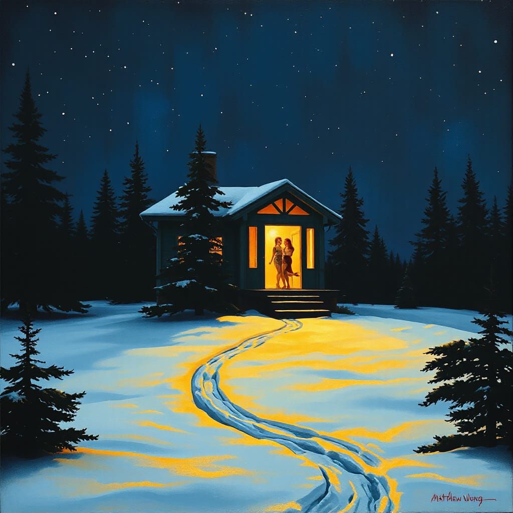 Redhead Pin-Ups in Snowy Forest at Night