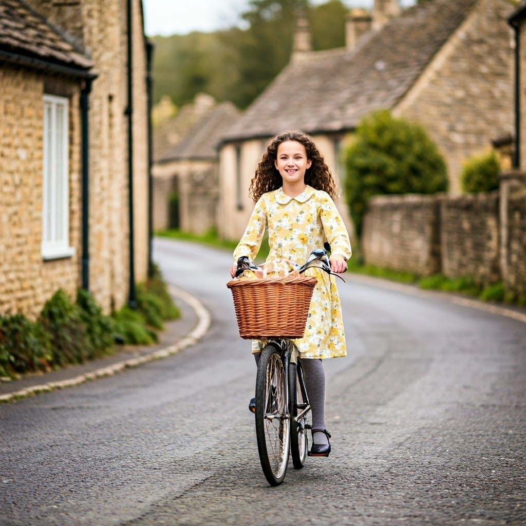 Young Girl Rides Vintage Bicycle in Quaint Village