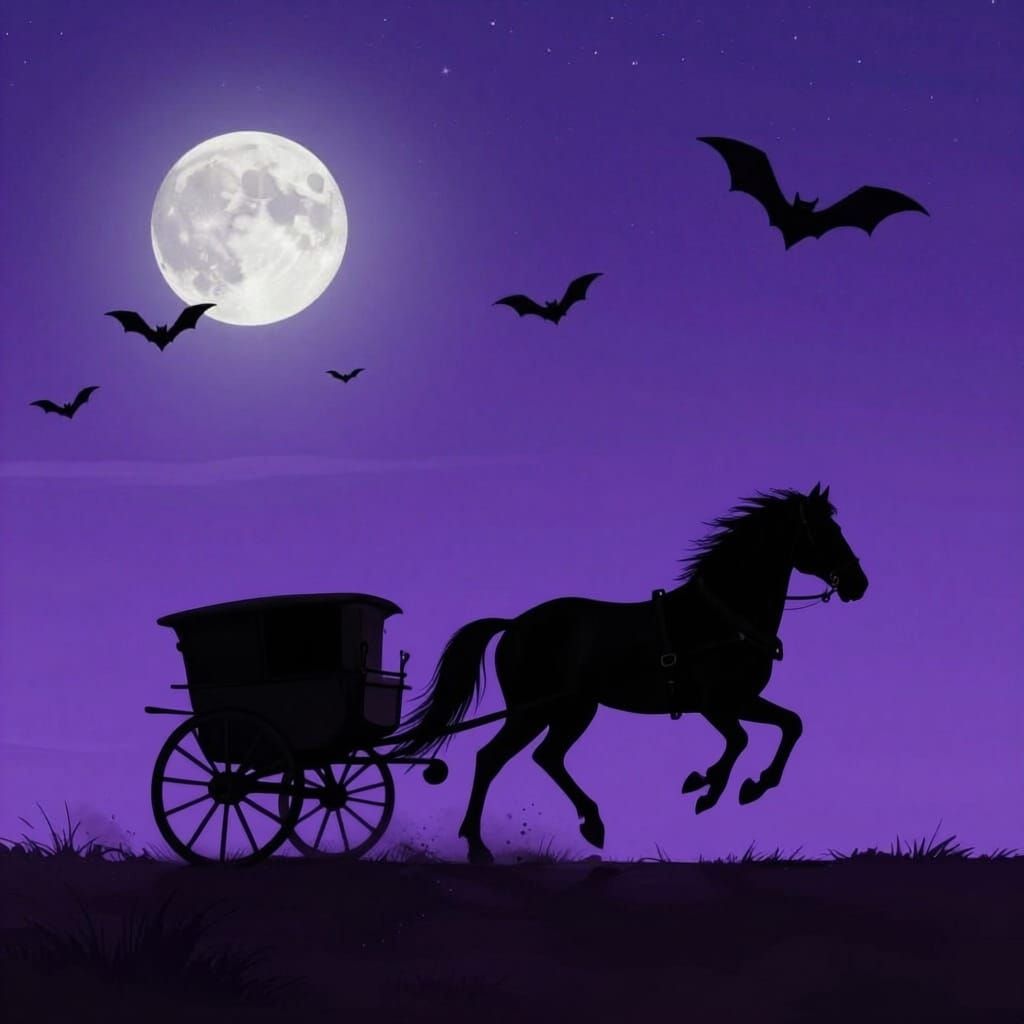 Horse Drawn Cart Silhouetted Against Starry Violet Night Sky