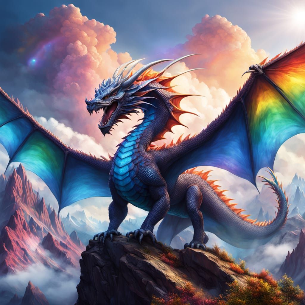 Majestic Light Dragon Soaring Over Rainbow Mountains