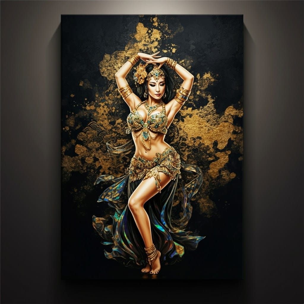 Painting on canvas of one belly dancer in "fully made from holographic foil, reflecting abstract patterns and traditiona...