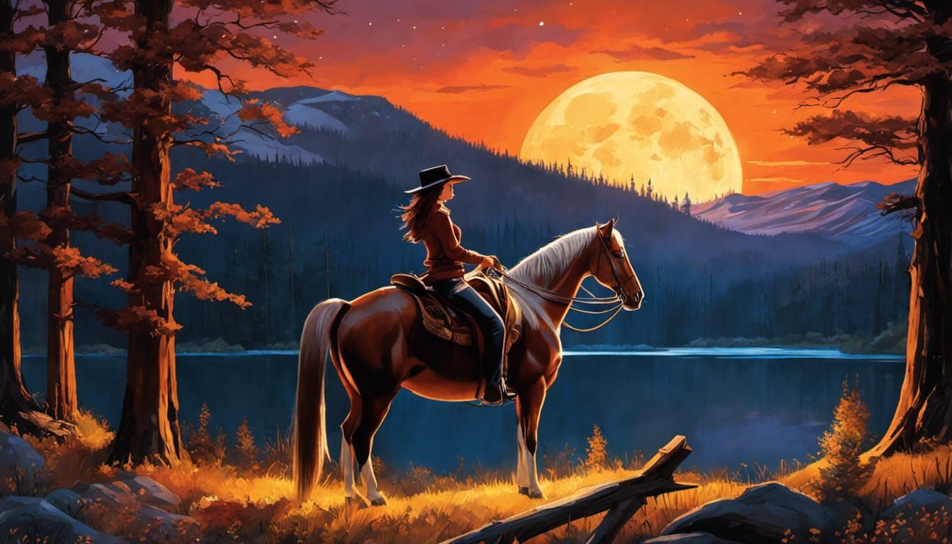 Cowgirl and Horse at Campfire in Comic Book Style