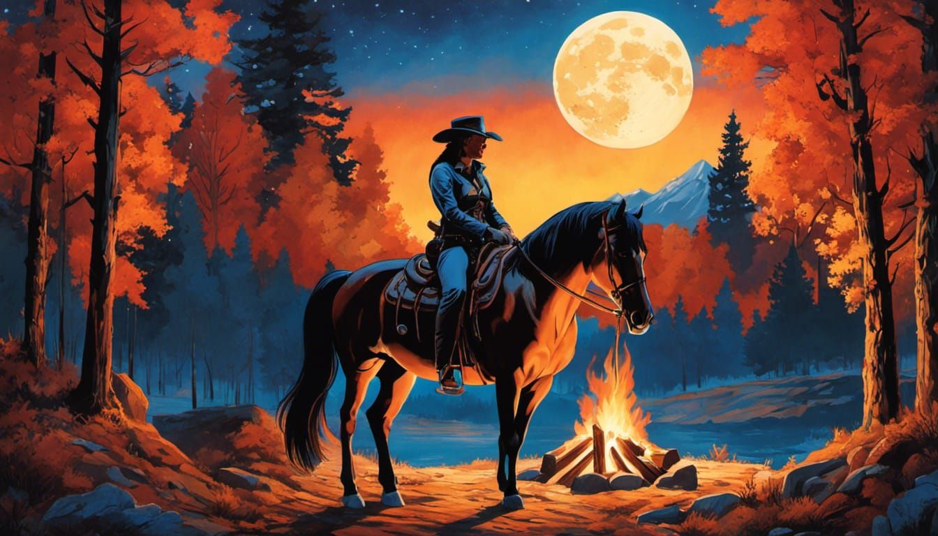 Cowgirl and Horse at Campfire in Comic Book Style