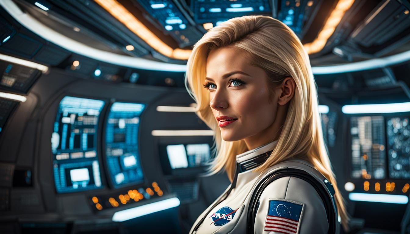 Blonde Astronaut in Space Station, Photorealistic Portrait