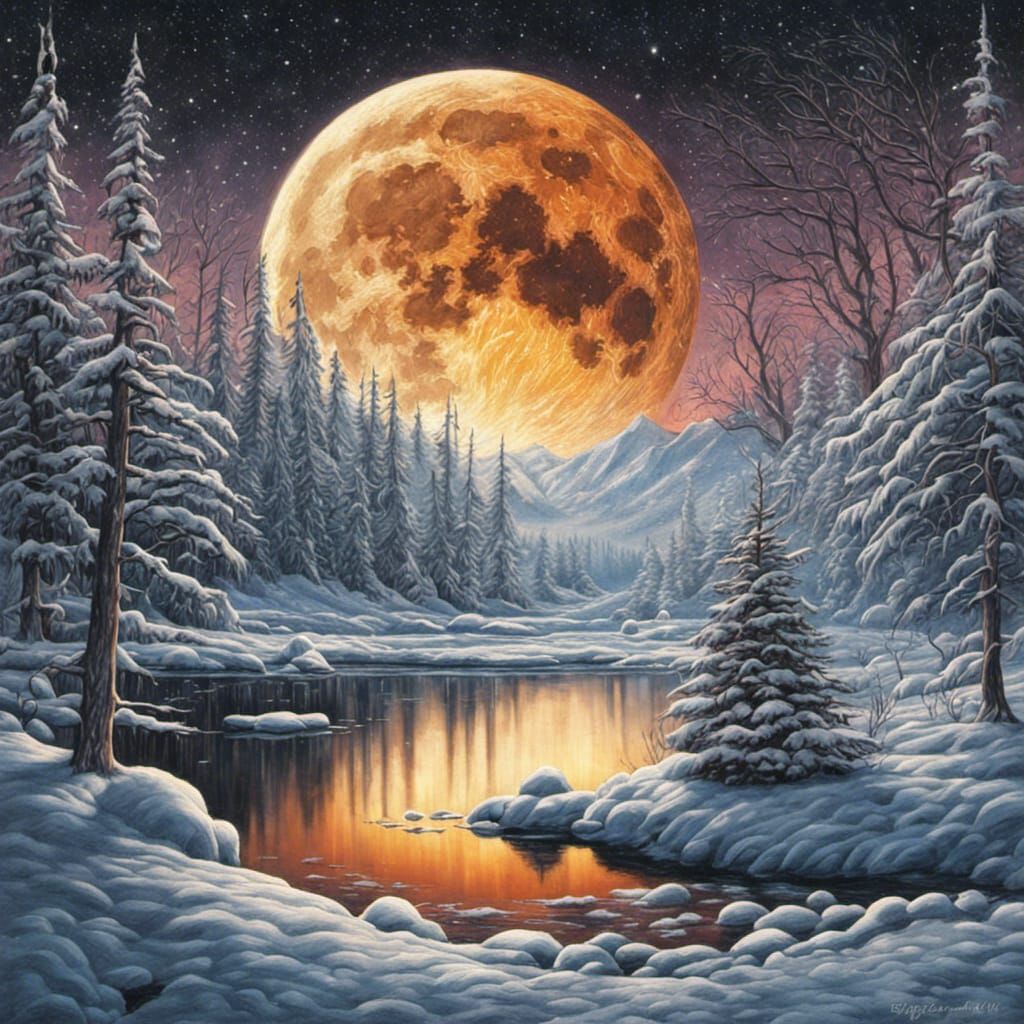 Winter Lake Scene with Bonfire, Colored Pencils Style