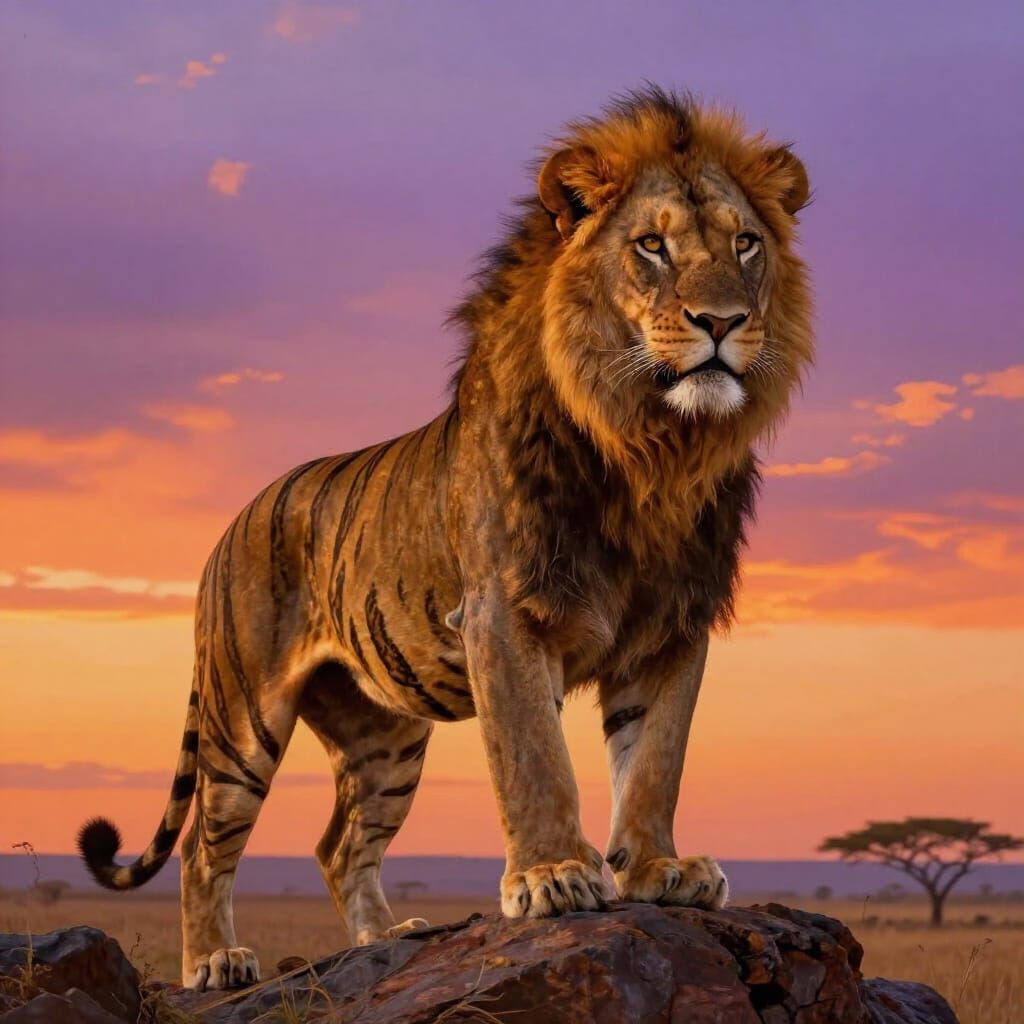 Majestic Lion-Tiger Hybrid at Sunset Savanna