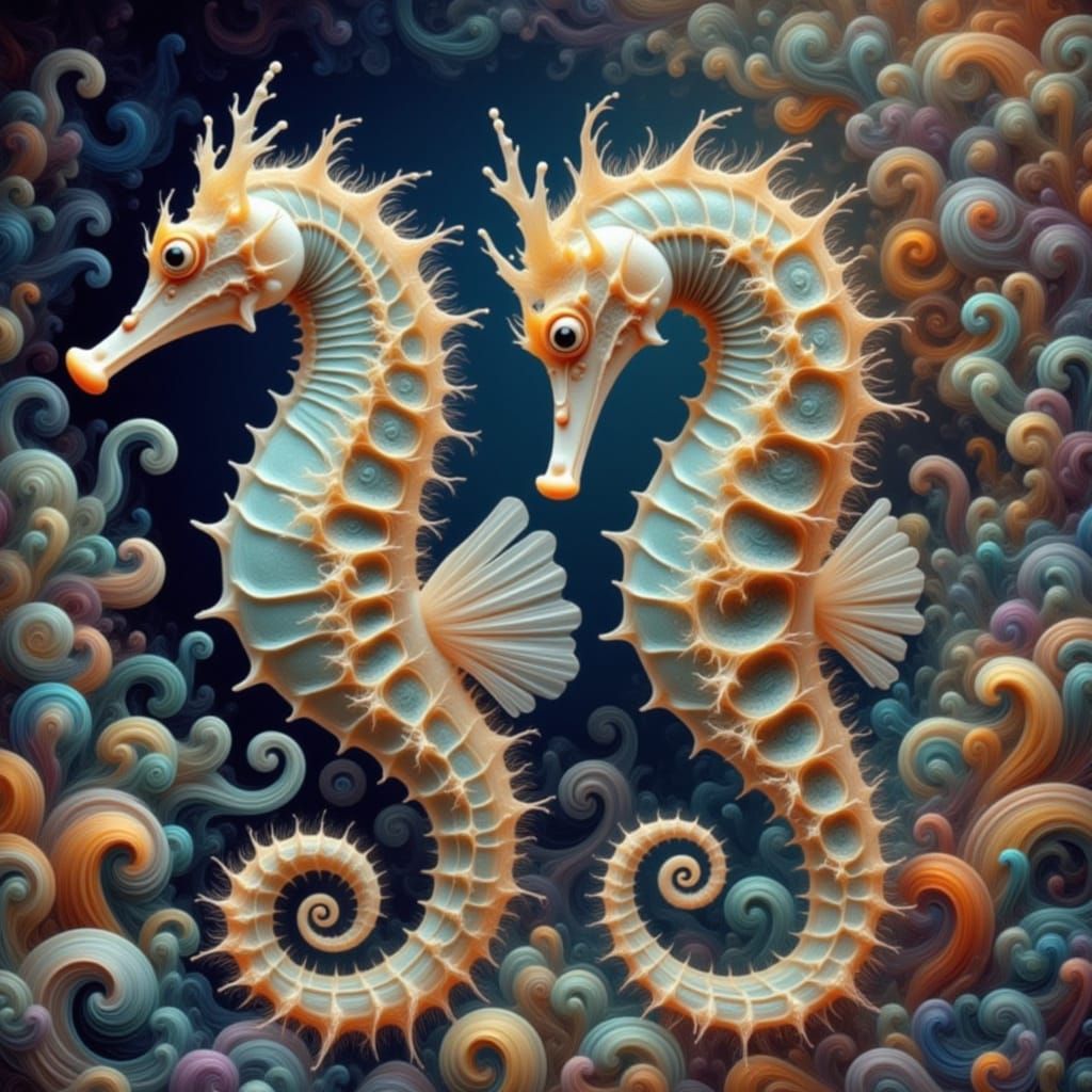 Iridescent Seahorses in Tumultuous Deco Ocean