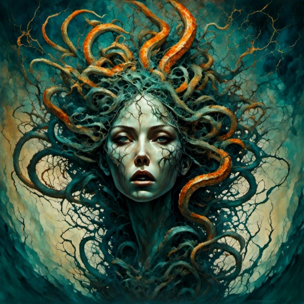 Hyperrealistic Medusa with Snakes in a Cave