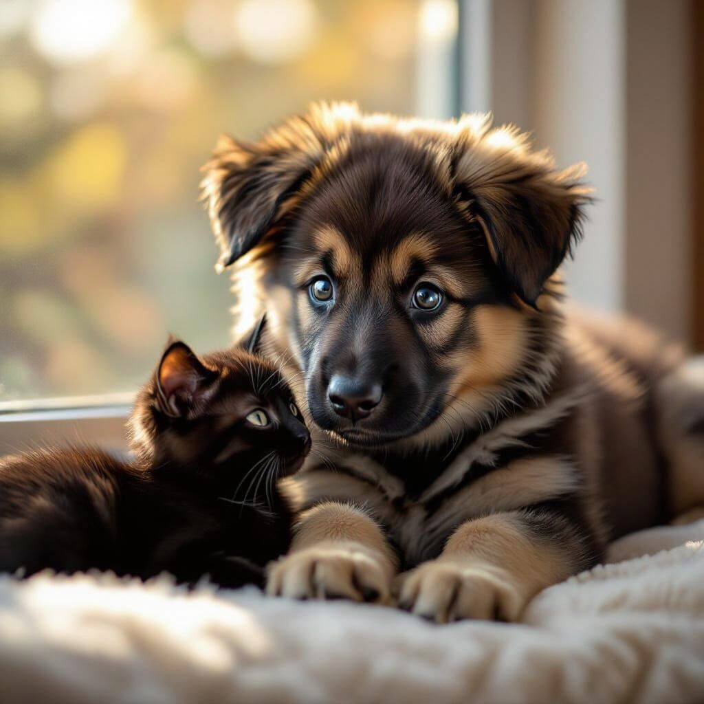 Adorable German Shepherd Puppy and Kitten on Window Seat