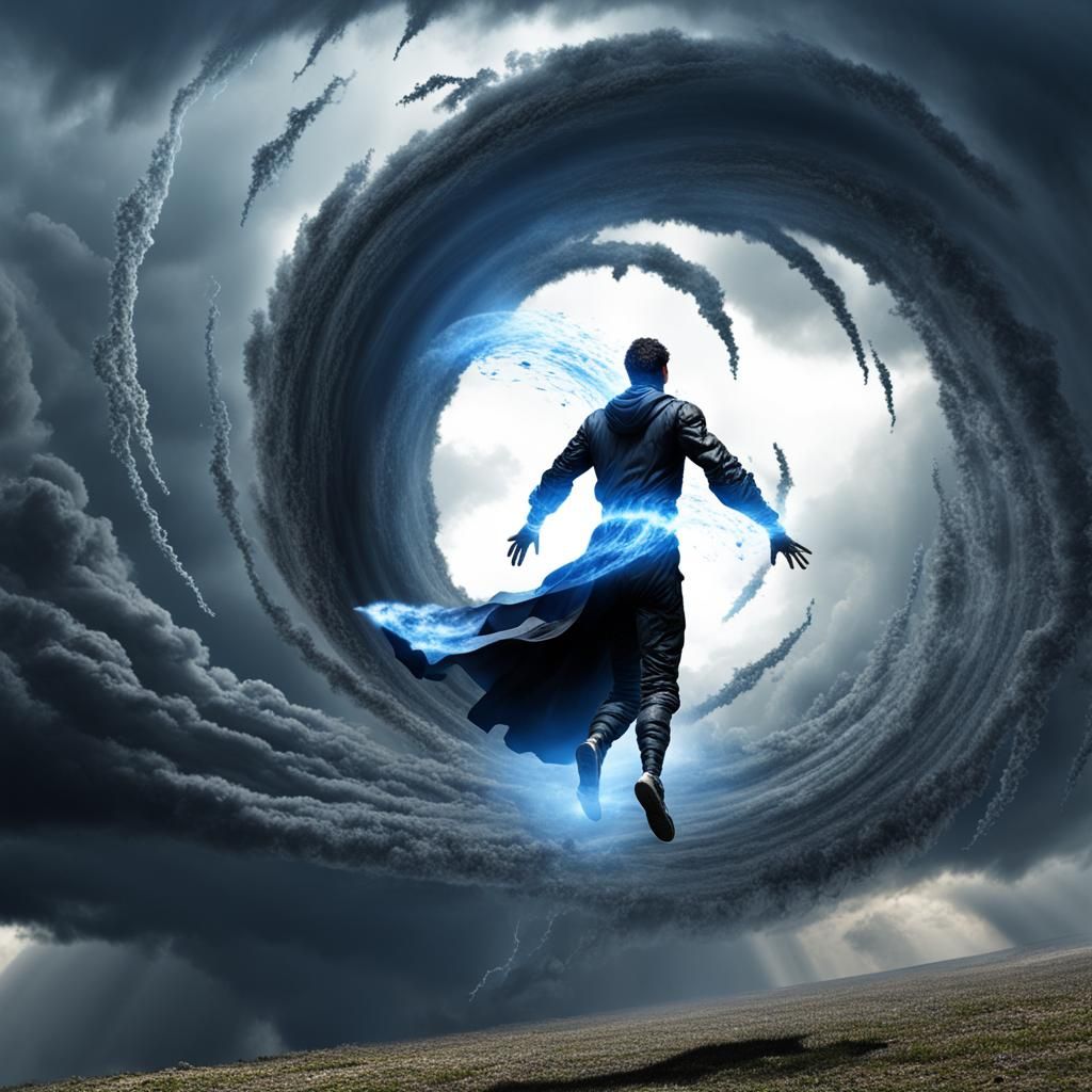 Humanoid Figure Levitating in Cyberpunk Tornado