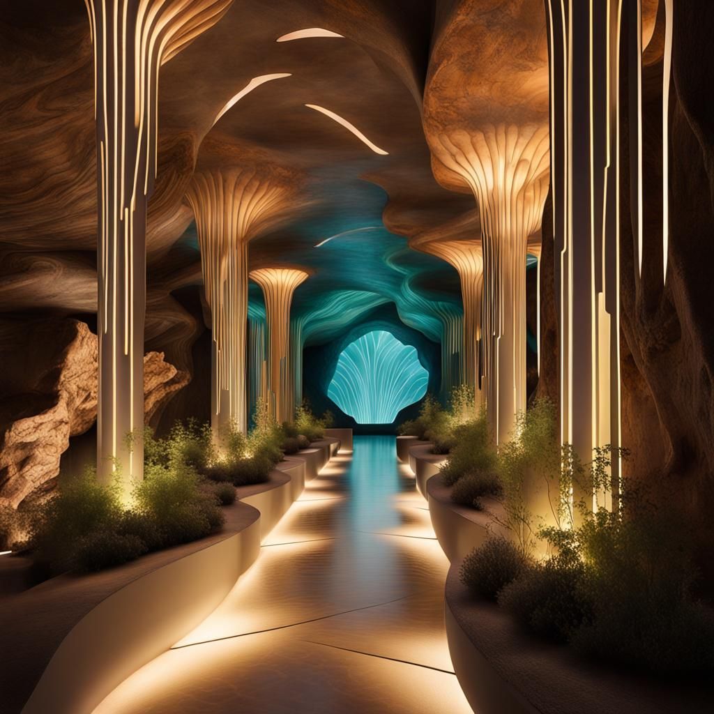 Art Deco Underground Cityscape with Bioluminescent Flora