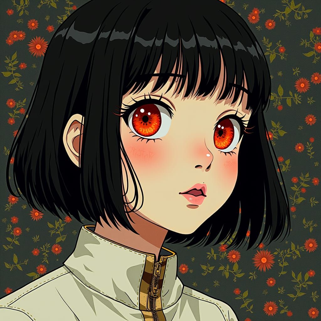 Glitchcore Girl with Shiny Eyes in Anime Style