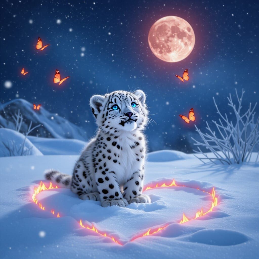 Snow Leopard Cub in Magical Winter Scene with Flaming Butter...