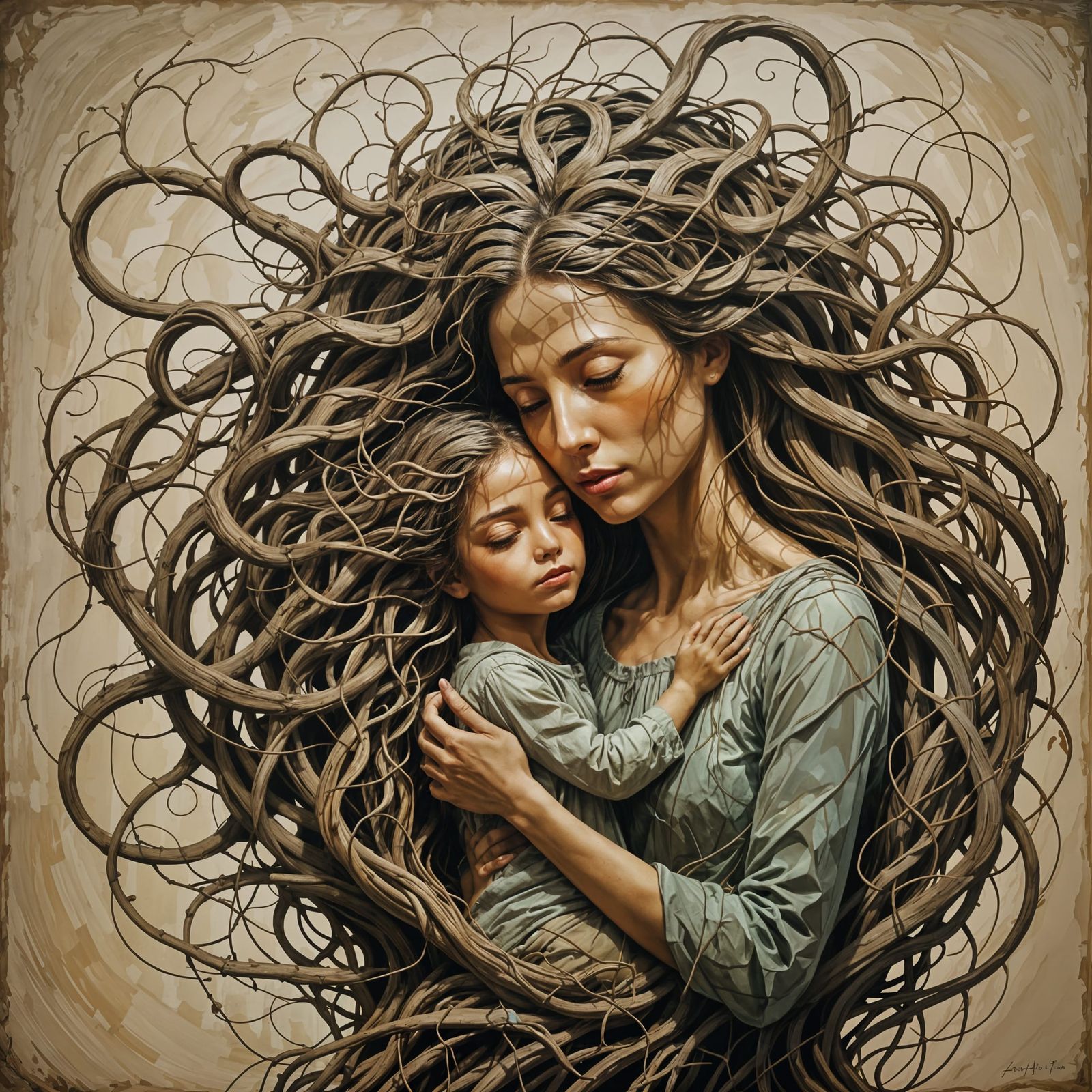 Mother and Child Bond Symbolized by Tangled Roots