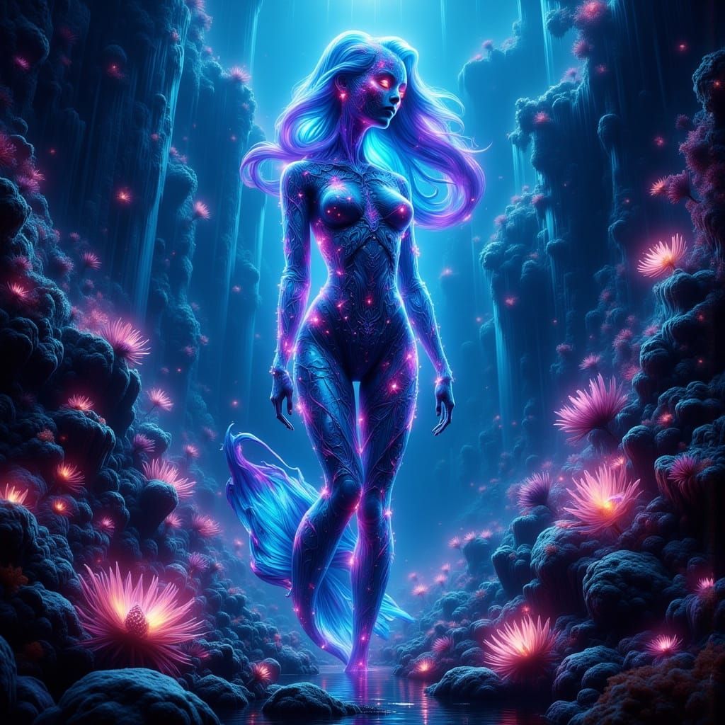 Merrow in Cyberpunk Oceanic Realm with Bioluminescent Skin a...