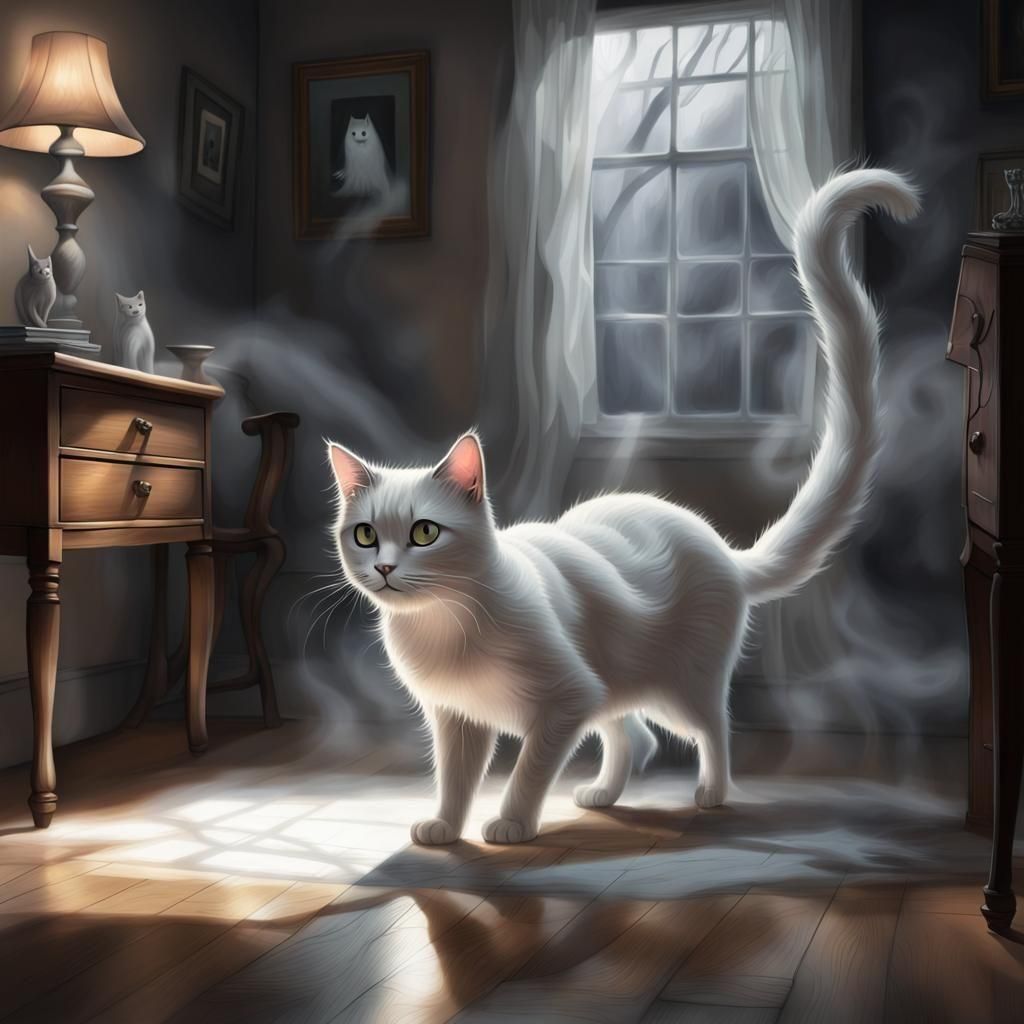 Ethereal Cat Apparition in Cozy Room