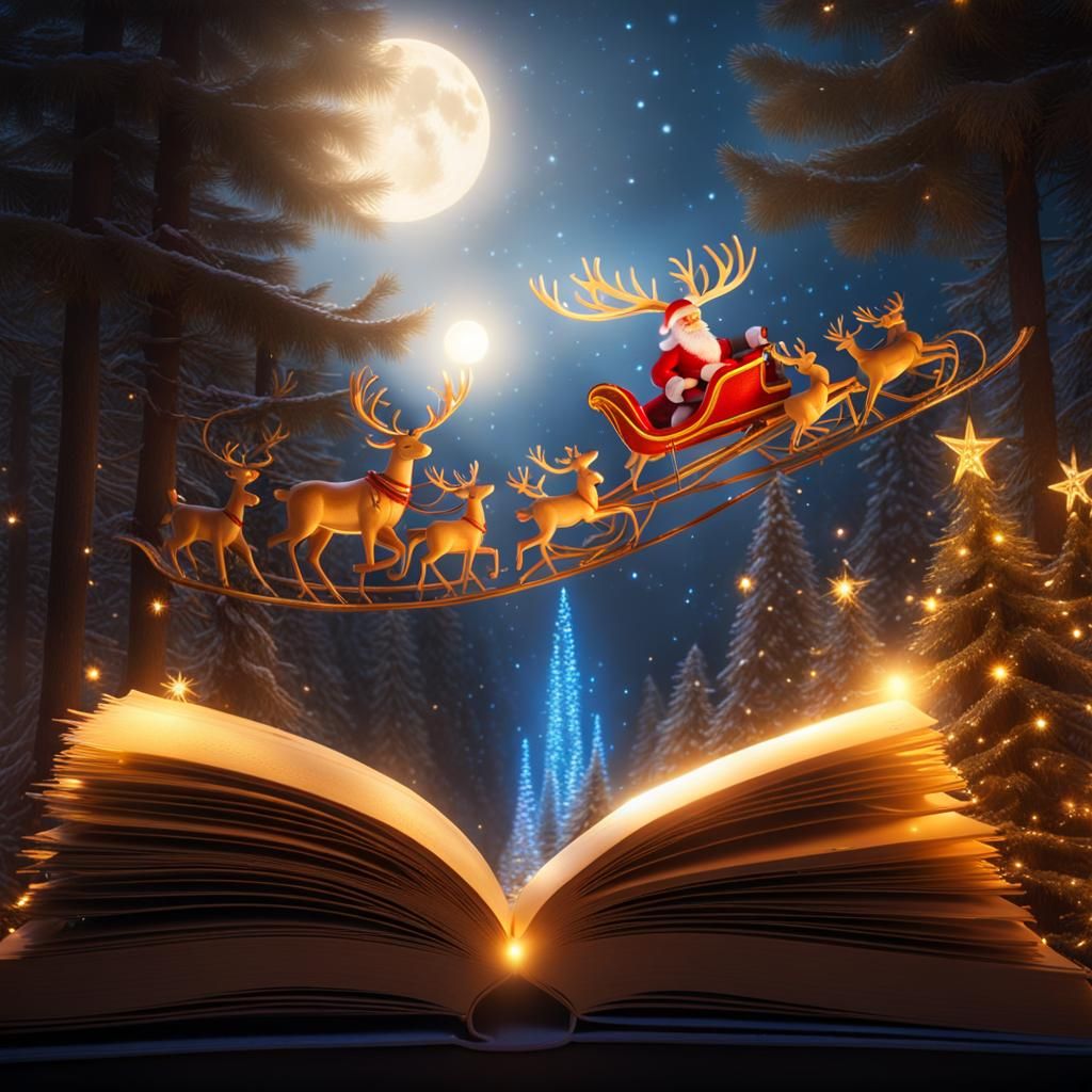 Santa's Sleigh Emerges from Fantasy Book in 8K