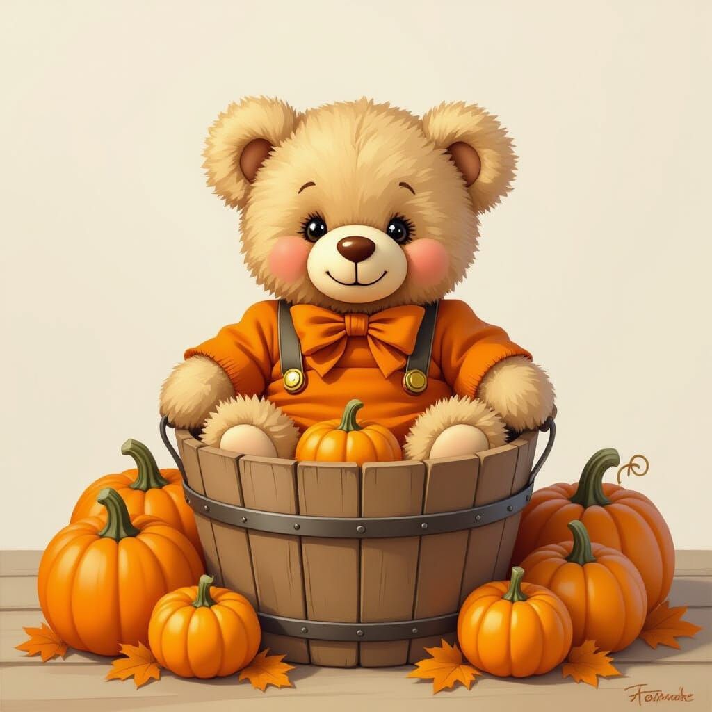 Cute Baby Teddy Bear in Fall Outfit in Pumpkin Bucket