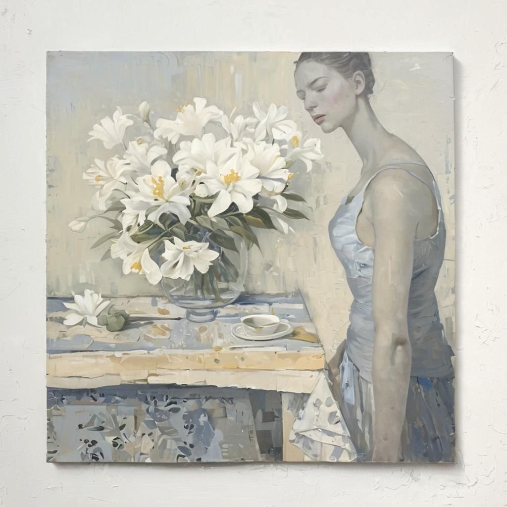 Woman with Flowers in Cubist Oil Painting Style