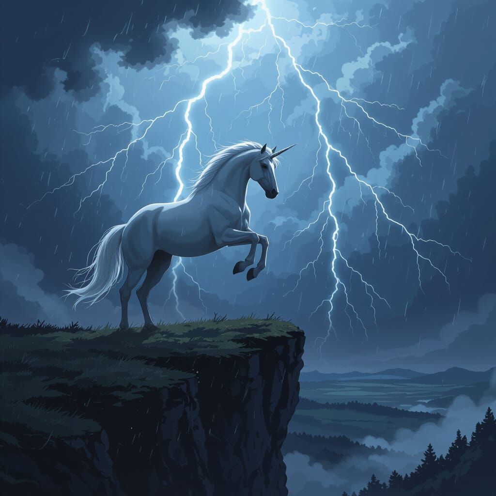 Majestic White Stallion Rears Against Stormy Sky