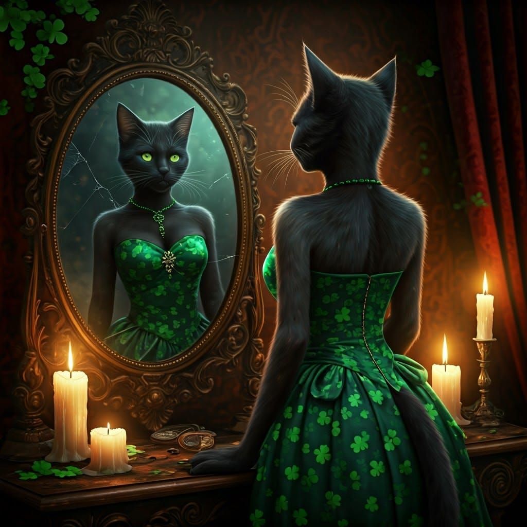 Mystical Catgirl Gazing into Reflection with Candlelight