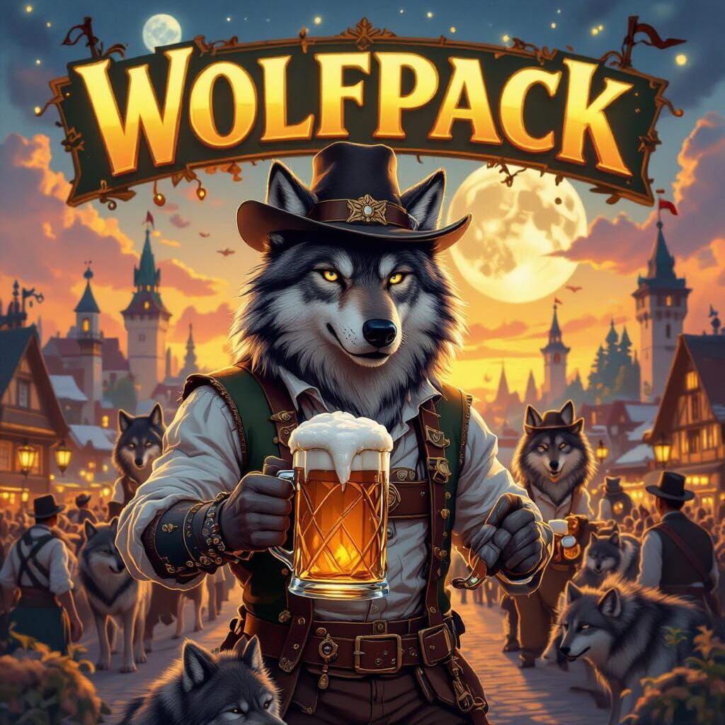 Oktoberfest Wolves Under Full Moon - Fantasy Art