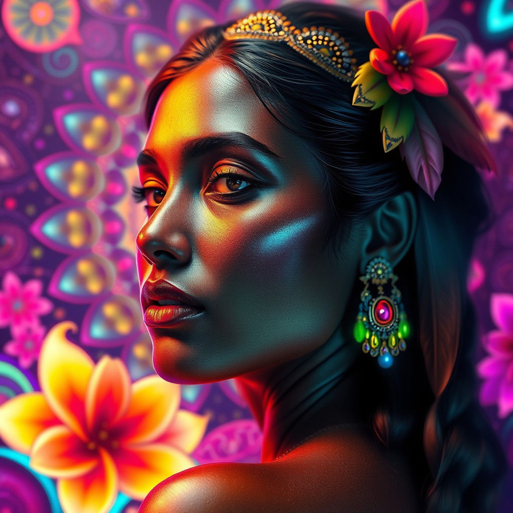 Indian Girl in Neon Fractal Art Environment
