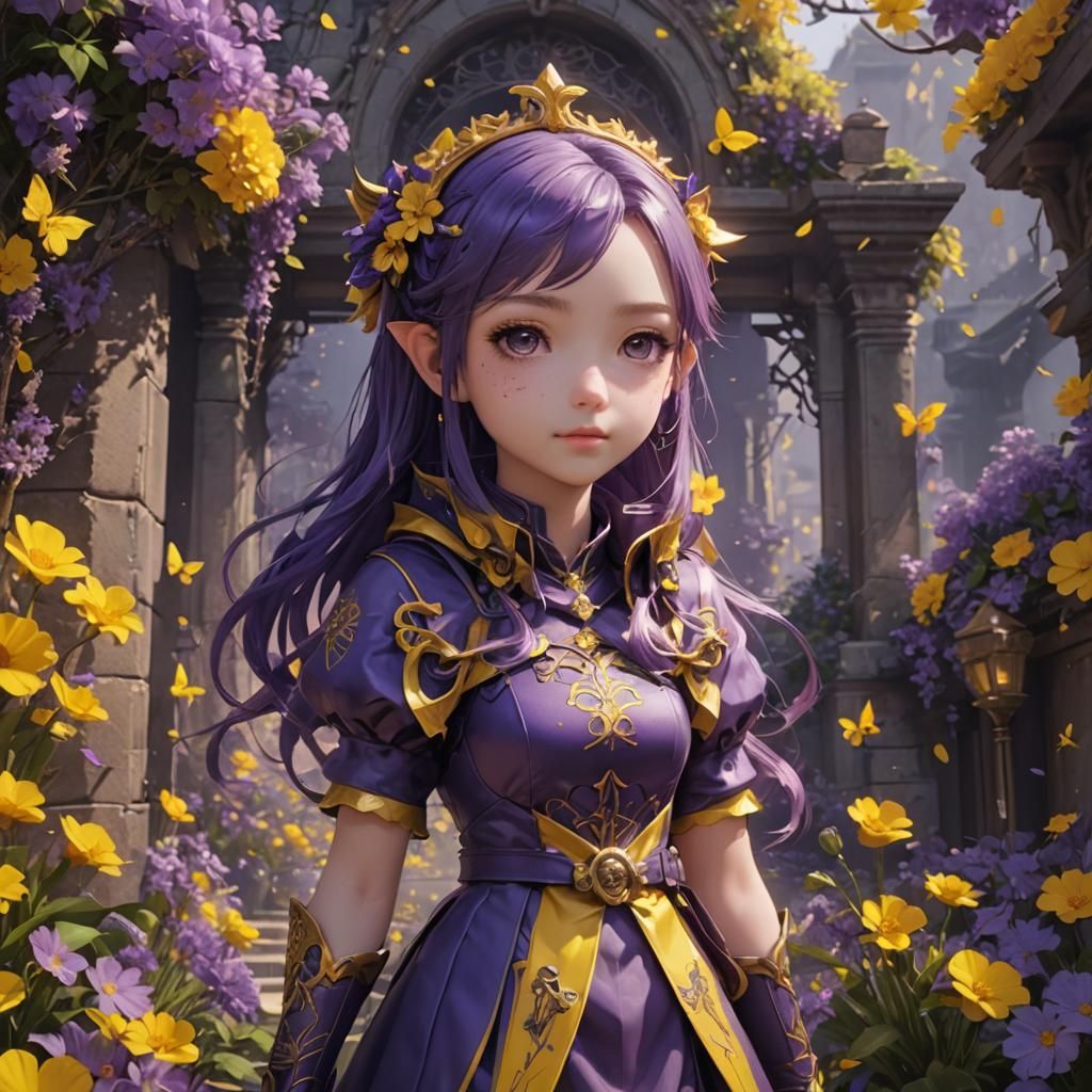 Cute Twin Girls in Purple and Yellow: 3D Anime Art