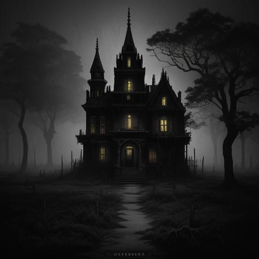 Creepy Mansion in High Contrast Ink Wash Style