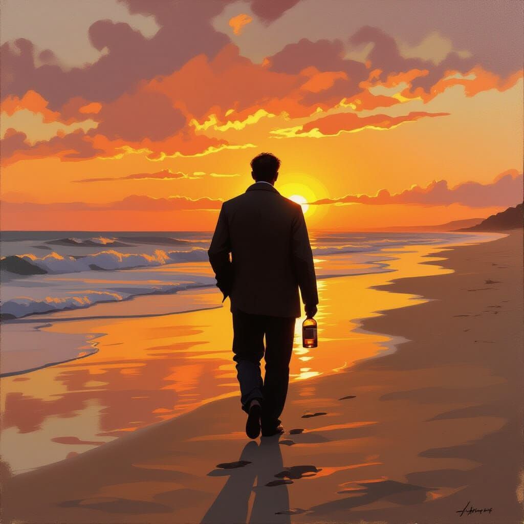 Man with Whisky on Beach at Sunset, Realistic Oil Painting