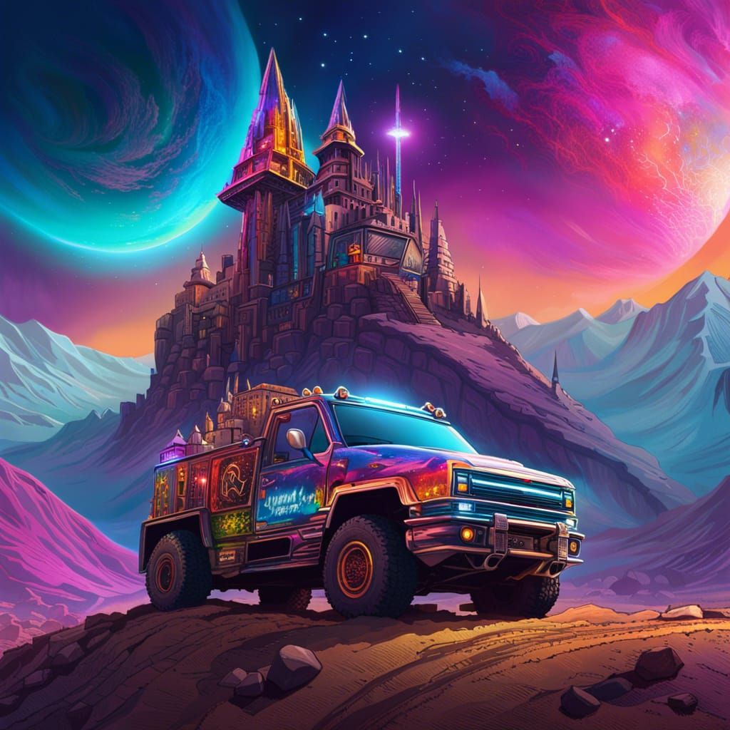 Cyberpunk Wizard Shop Truck in Cosmic Mountains
