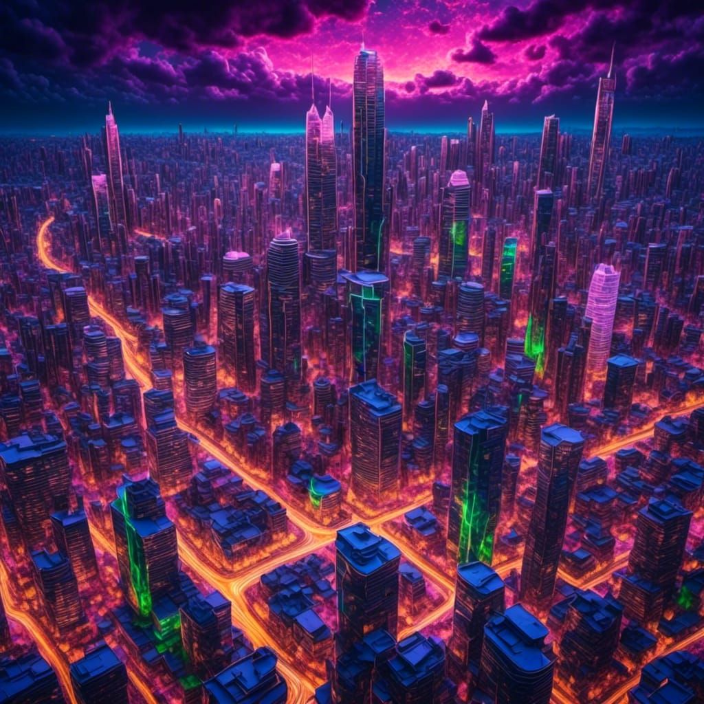 Neon Cityscape: Glass Skyscrapers in Abstract Expressionism