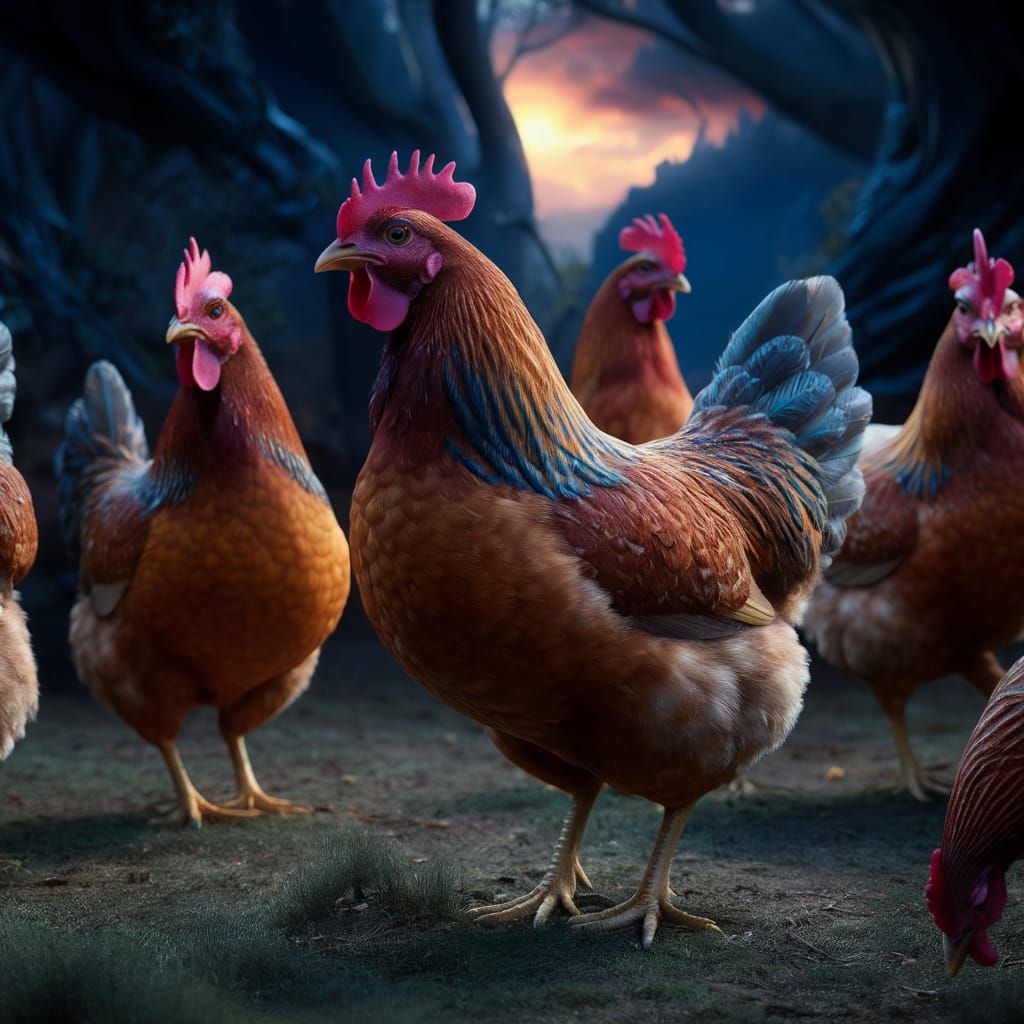 Vibrant Chickens in Mystical Forest: Matte Painting